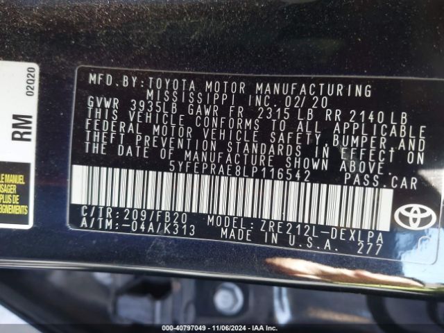 5YFEPRAE8LP116542 Toyota COROLLA LE