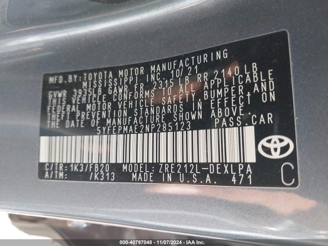 2022 Toyota Corolla Le მანქანა იყიდება აუქციონზე, vin: 5YFEPMAE2NP285123, აუქციონის ნომერი: 40797048