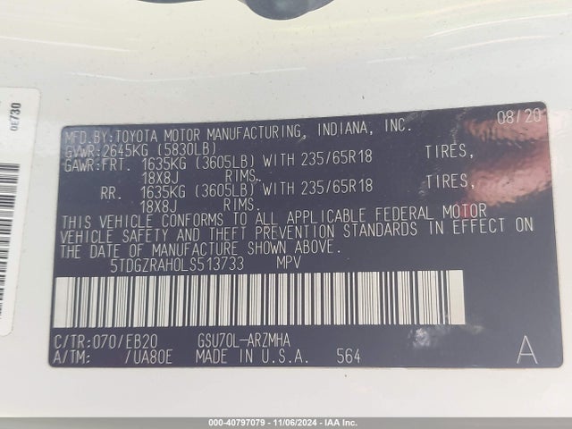 Toyota Highlander Xle 2020 5TDGZRAH0LS513733 Image 9