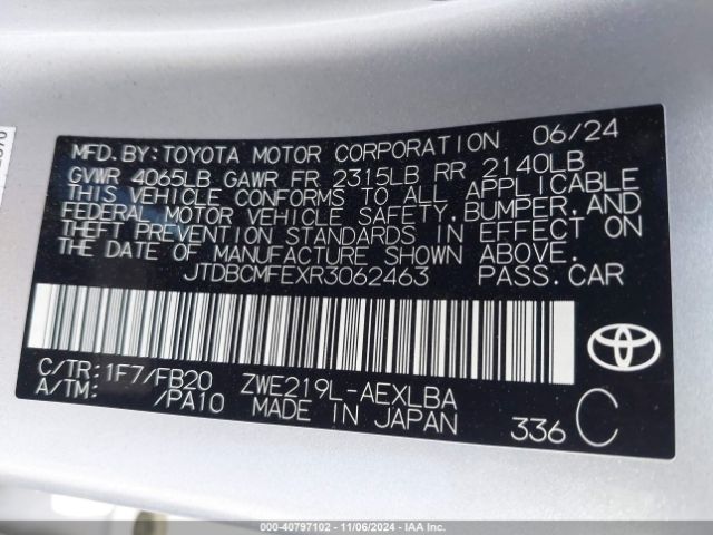 JTDBCMFEXR3062463 Toyota Corolla Hybrid Le