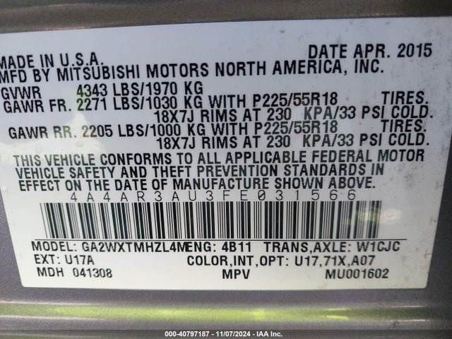 4A4AR3AU3FE031566 Mitsubishi Outlander Sport Es