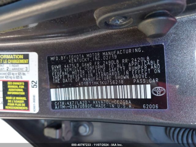 4T1B11HK1KU756218 Toyota CAMRY XLE