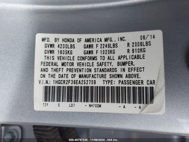 Honda ACCORD LX 2014 1HGCR2F36EA252709 Image 9