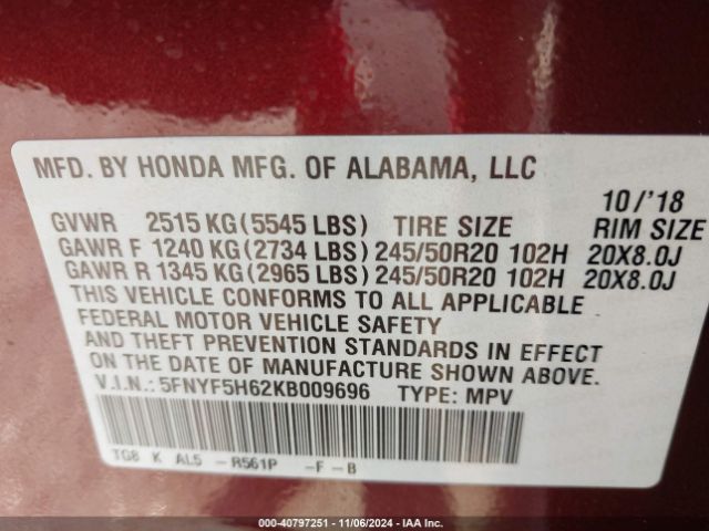 5FNYF5H62KB009696 Honda Pilot Touring