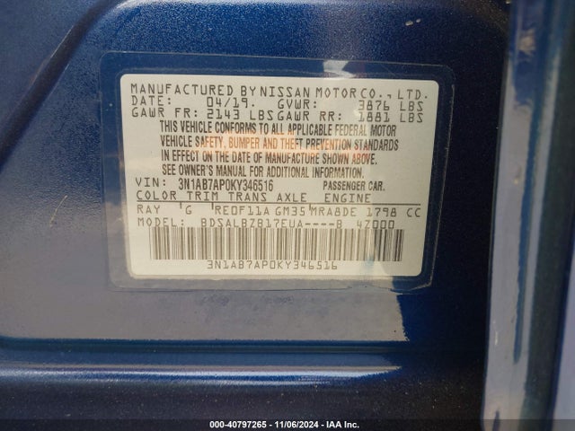 Nissan SENTRA S 2019 3N1AB7AP0KY346516 Image 9