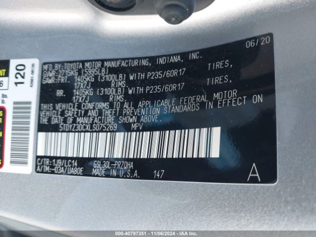 5TDYZ3DCXLS075269 Toyota SIENNA XLE