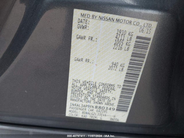 Nissan Altima 2.5 S 2015 1N4AL3AP9FN880349 Image 9