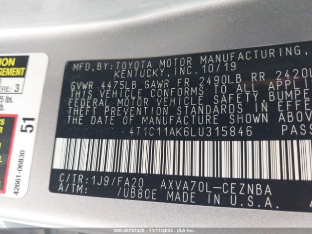 4T1C11AK6LU315846 Toyota CAMRY LE