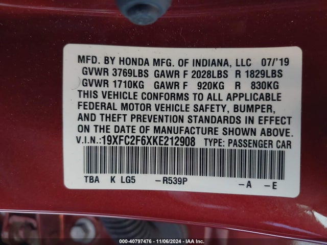 Honda Civic Lx 2019 19XFC2F6XKE212908 Image 9