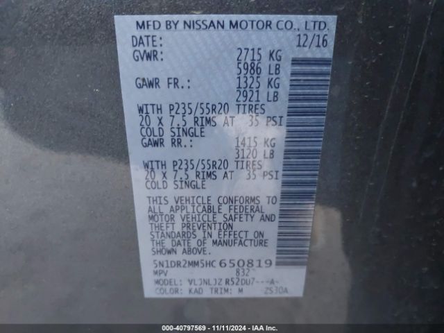 5N1DR2MM5HC650819 Nissan Pathfinder Platinum