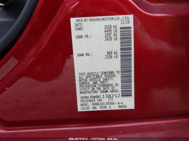 1N4BL4DW6KC138252 Nissan Altima 2.5 Sv