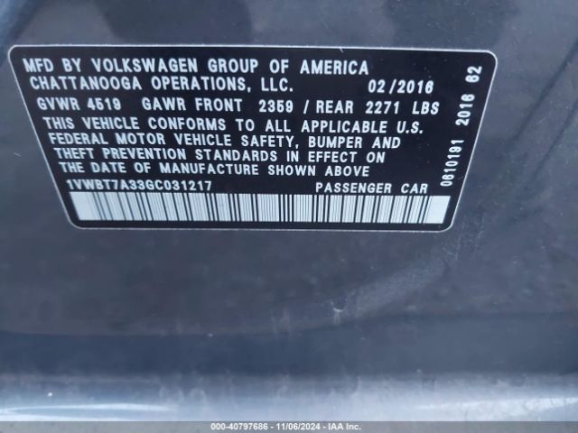 1VWBT7A33GC031217 Volkswagen Passat 1.8t Se