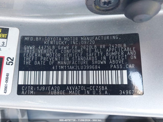Toyota CAMRY SE 2020 4T1M11AK2LU399684 Image 9