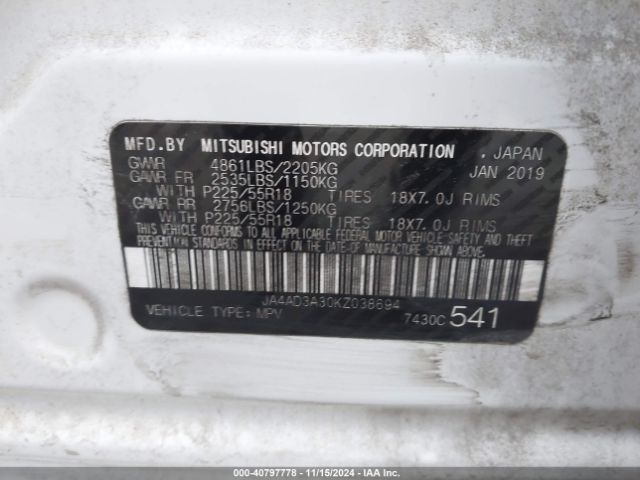 2019 MITSUBISHI OUTLANDER JA4AD3A30KZ038694 Photo 8