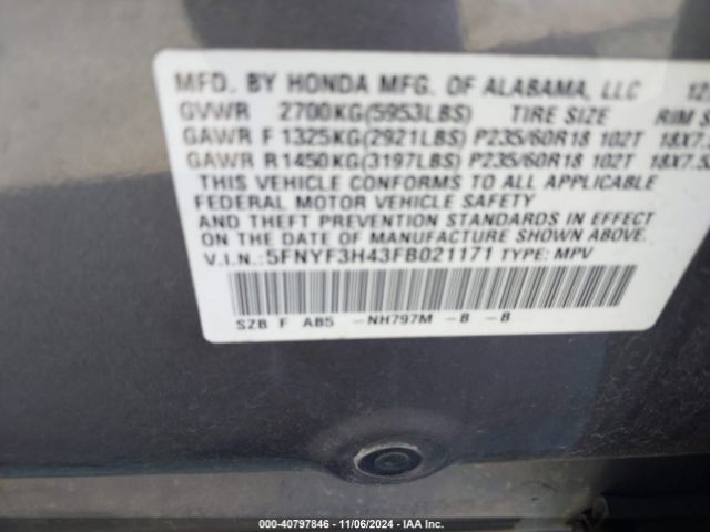 5FNYF3H43FB021171 Honda Pilot Ex