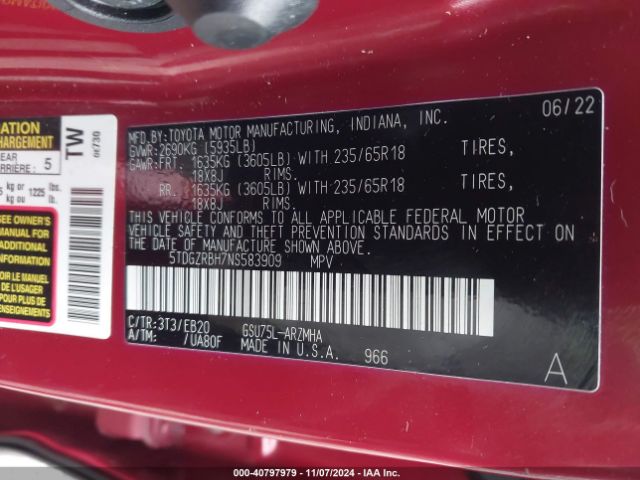 5TDGZRBH7NS583909 Toyota Highlander Xle