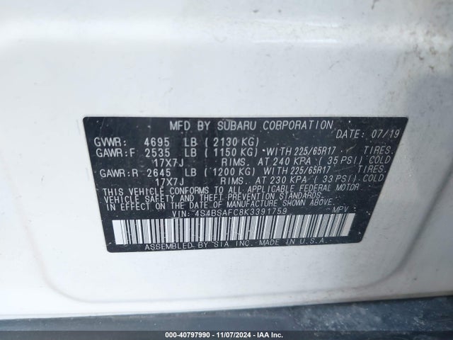 Subaru Outback 2.5i Premium 2019 4S4BSAFC8K3391759 Image 9