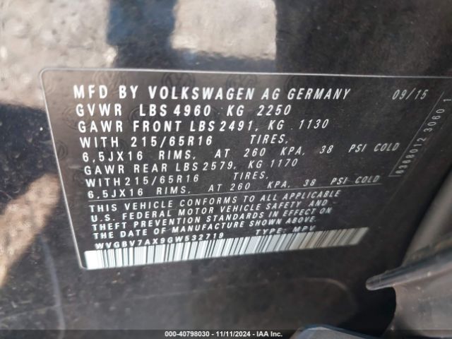 WVGBV7AX9GW532719 Volkswagen TIGUAN S