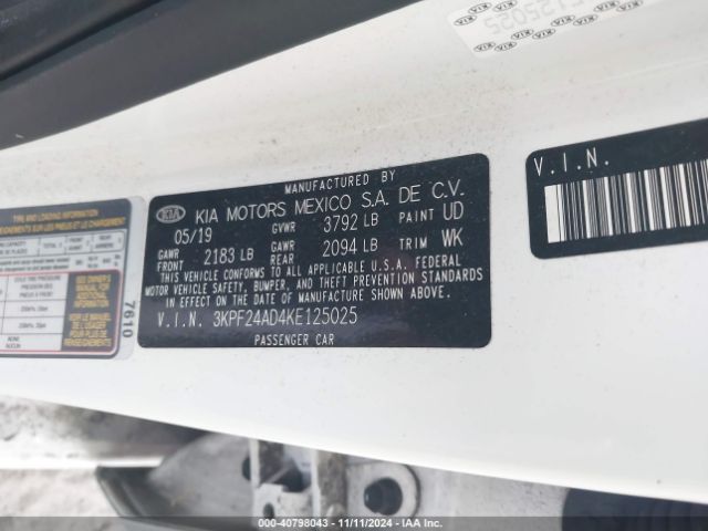3KPF24AD4KE125025 KIA Forte Lxs
