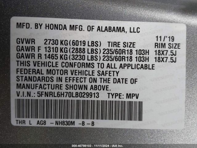 5FNRL6H70LB029913 Honda Odyssey Ex-l/ex-l W/navi   Res