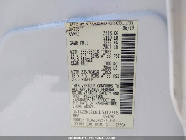 Nissan MURANO SV 2019 5N1AZ2MJ2KN150296 Image 9