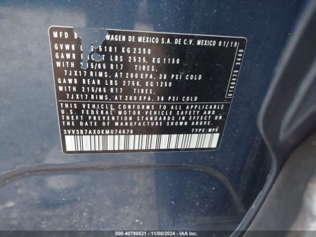 3VV3B7AX0KM074676 Volkswagen Tiguan 2.0t Se/2.0t Sel/2.0t Sel R-line/2.0t Sel R-line Black