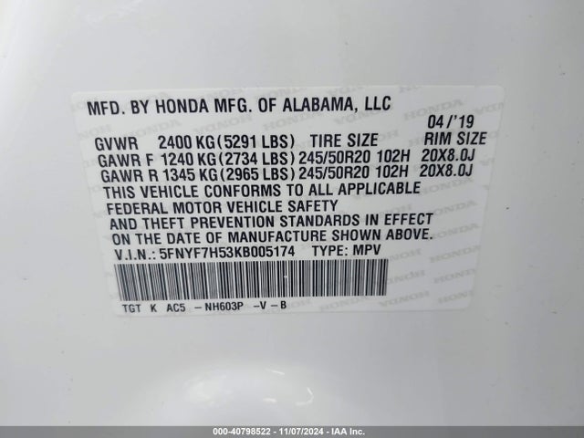 Honda Passport Ex-l 2019 5FNYF7H53KB005174 Image 9
