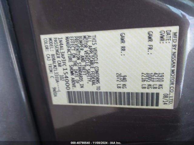 Nissan Altima 2.5 Sv 2015 1N4AL3AP3FC154000 Image 9
