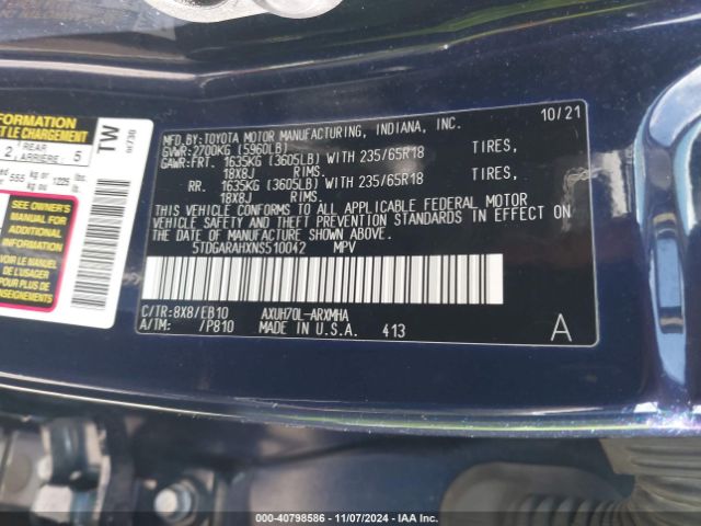 5TDGARAHXNS510042 Toyota Highlander Hybrid Xle