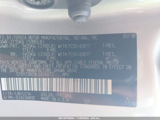 5TDYZ3DC9LS026872 Toyota SIENNA XLE