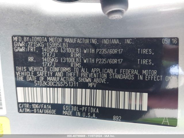5TDZK3DC2GS751131 Toyota Sienna L 7 Passenger