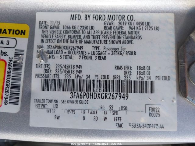 3FA6P0HDXGR267949 Ford FUSION SE