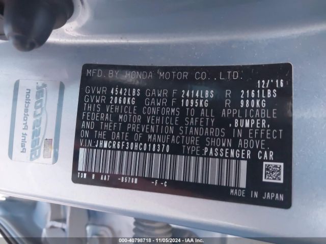 JHMCR6F30HC018370 Honda ACCORD HYBRID