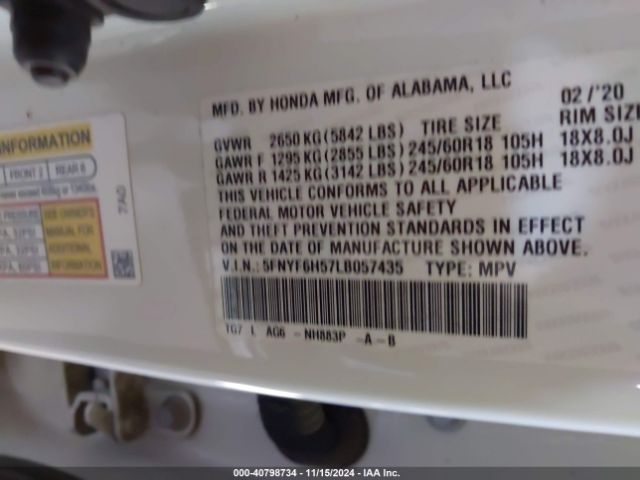 5FNYF6H57LB057435 Honda Pilot Awd Ex-l