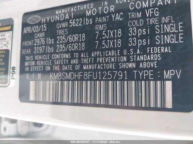 KM8SMDHF8FU125791 Hyundai Santa Fe Gls