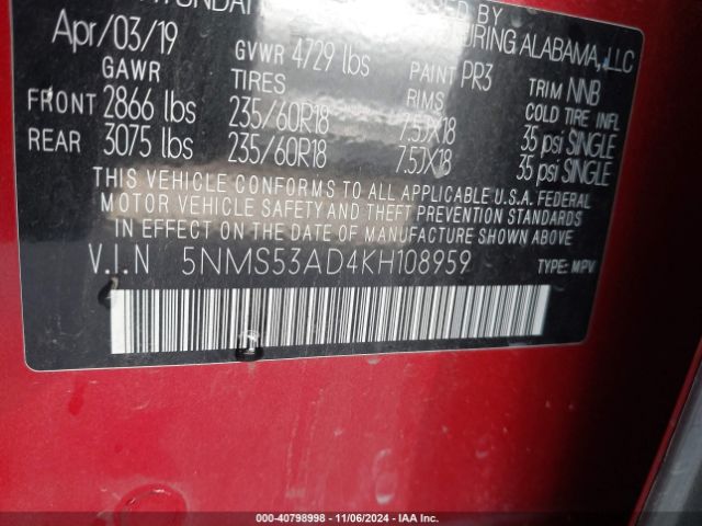 5NMS53AD4KH108959 Hyundai Santa Fe Limited