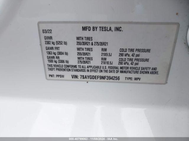 7SAYGDEF9NF394256 Tesla Model Y Performance Dual Motor All-wheel Drive