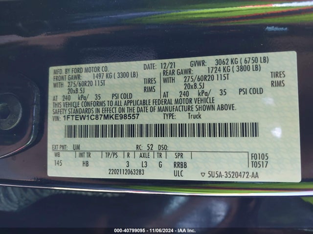 Ford F-150 Lariat 2021 1FTEW1C87MKE98557 Image 9