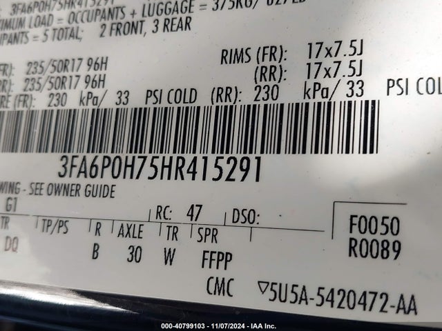 Ford FUSION SE 2017 3FA6P0H75HR415291 Image 9