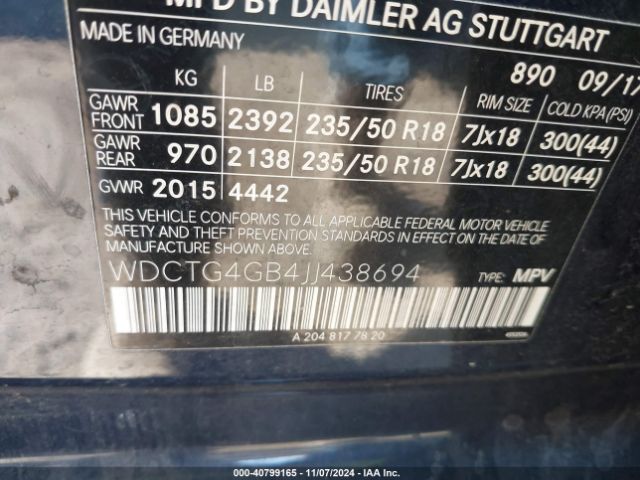 WDCTG4GB4JJ438694 Mercedes-Benz Gla 250 4matic