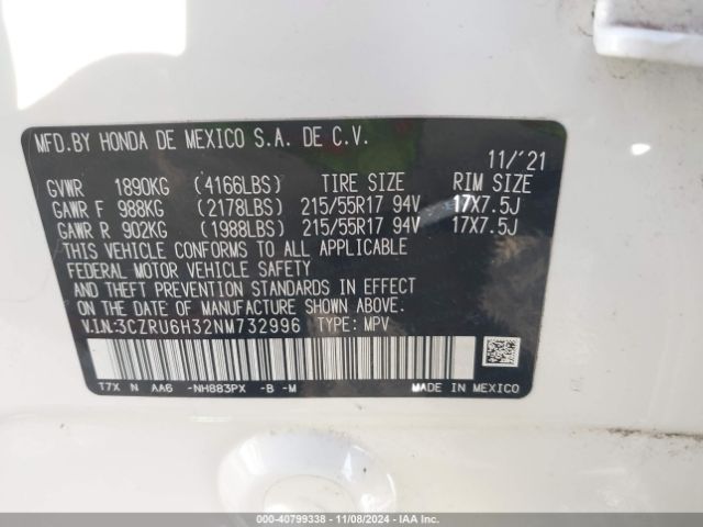 3CZRU6H32NM732996 Honda Hr-v Awd Lx