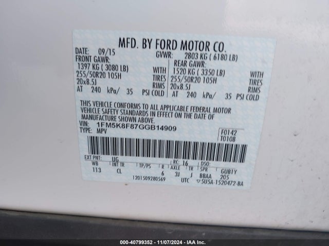 Ford Explorer Limited 2016 1FM5K8F87GGB14909 Image 9
