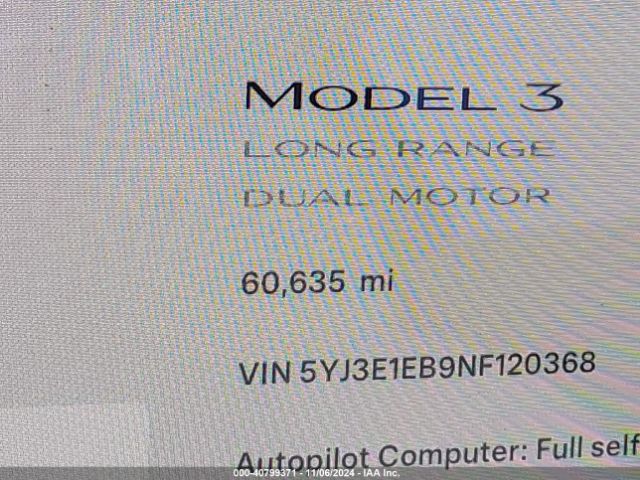 5YJ3E1EB9NF120368 Tesla Model 3 Long Range Dual Motor All-wheel Drive