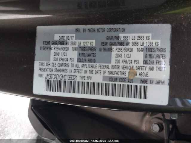 JM3TCADY3H0139021 Mazda Cx-9 Grand Touring