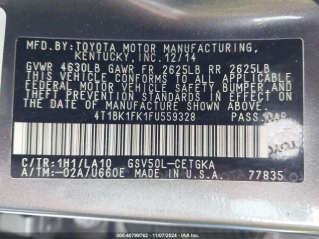 4T1BK1FK1FU559328 Toyota Camry Xle V6
