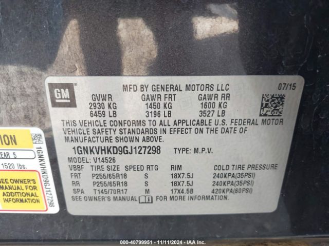 1GNKVHKD9GJ127298 Chevrolet Traverse 2lt