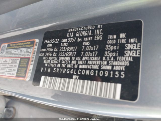 5XYRG4LC0NG109155 KIA SORENTO LX