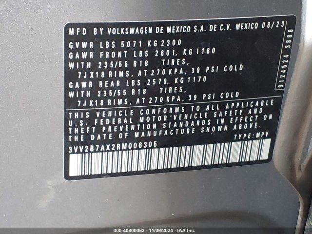 3VV2B7AX2RM006305 Volkswagen Tiguan 2.0t Se/wolfsburg Edition