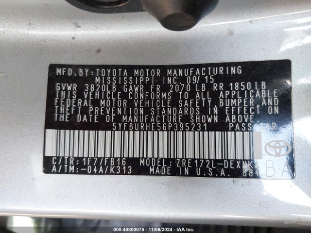 5YFBURHE5GP395231 Toyota Corolla Le Plus