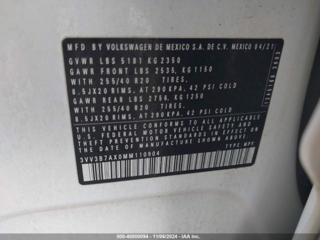 3VV3B7AX0MM110904 Volkswagen Tiguan 2.0t Se/2.0t Se R-line Black/2.0t Sel